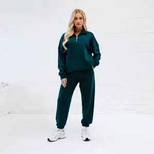 100% Algodão Gota Ombro Relaxado Fit-Two Piece Hood Estabelecido Relaxado Floresta Verde Mulheres Tricô