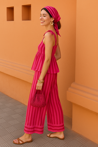 Conjunto de lino a rayas de color rosa sólido con estilo peplum con correas de amarre en los hombros sin mangas cintura natural con 2 bolsillos - Product Image 2