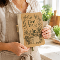 Journal de recettes personnalisé LABON A5, couverture rigide en kraft avec dos en lin, illustration d'herbes, pages intérieures personnalisées et coffret cadeau