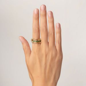 Superbe bague en or massif 14 carats, baguette verte et diamant, bague connecteur multi-maillons en or, bague de promesse d'éternité pour elle - Product Image 1