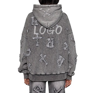 Patchs personnalisés en denim vieilli lettres brodées, sweat à capuche surdimensionné vintage en détresse, sweat à capuche OEM Streetwear, lavé à l'acide - Product Image 5