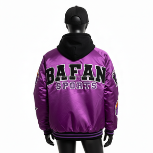 Chaqueta de Satén para Mujer, Tejido Brillante de Lujo en Color Morado, Corte Raglán con Detalles de Parches con Logotipo Bordado Personalizado - Product Image 2