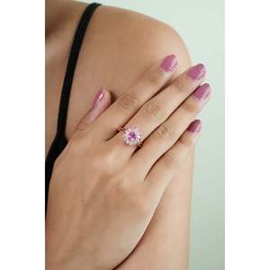 Bague de fiançailles en or 14 carats avec saphir rose naturel taille poire et halo, sertie à griffes, pour femme - Product Image 5