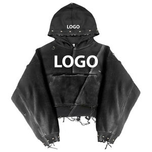 Sudadera con capucha cuadrada recortada personalizada de algodón Hoddie en blanco Distress Vintage up Acid Sun Fade Wash Hoodie hombres fabricante de ropa - Product Image 2