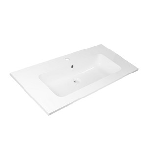 Lavandino in resina per armadietti in cotone bianco da 90 cm e specchio in stile argilla con composizione da bagno a colonna - Product Image 4