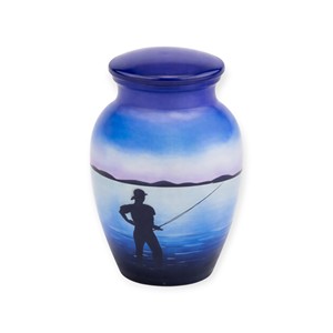 Urna Conmemorativa Azul con Silueta de Pescador y Vista al Lago, Urna Pequeña para Cenizas y Recuerdos Tranquilos - Product Image 1
