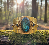 Bracelet manchette large en argent sterling 925 plaqué or avec motif feuille de labradorite, pierre ovale à reflets verts, style bohème pour femme