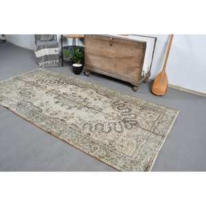 Alfombra turca de área grande Vintage, diseño clásico de retales Beige verde, 4 pies, 11 pulgadas x 8 pies, 2 pulgadas, látex de lana rectangular para pasillos - Product Image 5