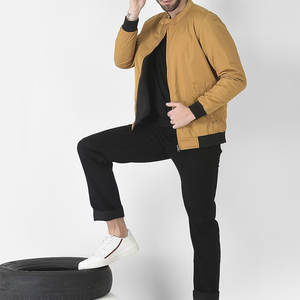 "Chaquetas para Hombre | Chaqueta bomber amarillo mostaza para hombre con cierre de cremallera y ribete acanalado, ropa de calle ligera" - Product Image 5