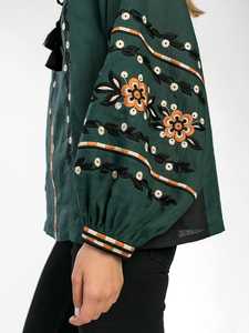 Precio de fábrica, ropa de fiesta con borlas de diseñador para mujer, blusa ucraniana, manga larga con globo, cuello en V, decoración de botones de tela tejida - Product Image 5