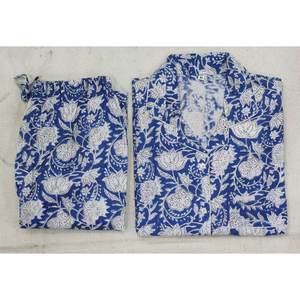 Conjunto de Pijama Casual para Mujer, Estampado Floral Azul, 100% Algodón, Estampado a Mano, Tela Suave, con Botones, ODM, para Verano - Product Image 2