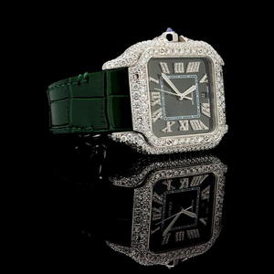 นาฬิกาข้อมือเพชรโมอิสเพชรครึ่งสีเขียวแบบหรูหราใส่ได้ทั้งชายและหญิงสายหนังสีเขียวหน้าปัดสี่เหลี่ยมหรูหราปรับแต่งสไตล์โบราณสำหรับผู้ชาย - Product Image 2