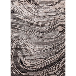 Alfombra Rectangular Genesis Hecha a Mano de Viscosa Gris y Negra con Diseño Abstracto para Dormitorio, Sala de Estar o Pasillo, Modelo TPV-4309 - Product Image 1