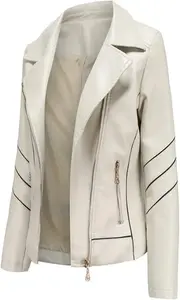 แจ็กเก็ตหนังสีขาวสำหรับผู้หญิงฤดูใบไม้ร่วงออกแบบได้ตามต้องการมีซิปปิดระบายอากาศได้ดีสีพื้นเรียบ - Product Image 4
