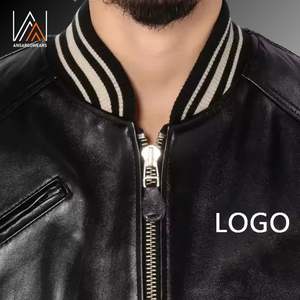 แจ็คเก็ตหนังเบสบอลสีดำเงาสำหรับผู้ชายแจ็คเก็ตบอมเบอร์เลตเตอร์แมนมีซิปรูด - Product Image 6