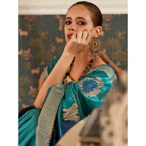 Sari en soie tissée bleu sarcelle cultivé, pour les festivals, accessoire de performance - Product Image 2