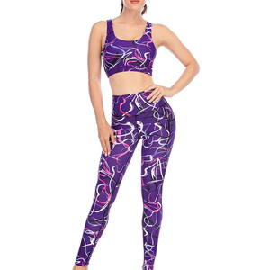 Women's Purple Abstract Print Yoga Set 2 Piece Racerback <b>Crop</b> <b>Top</b> High Waist Full Length Leggings Four-Way Stretch - Product Image 4