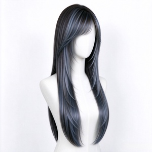 Peluca de Cabello Humano Largo y Liso con Capas, Color Negro con Reflejos Azul Grisáceo, con Flequillo Delgado para Delinear el Rostro - Product Image 2