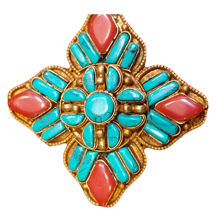 Handmade Gold-Plated Ghau Jewelry Square Shape Corals Floral Number Patterns Turquoise Brass Metal Charms-Fine Pendants