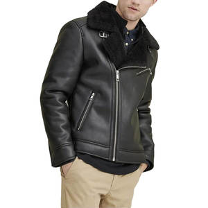 Veste bomber en cuir et fourrure de mouton écologique coupe-vent professionnelle grande taille slim fit pour hommes - Product Image 3