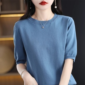 เสื้อสวมหัวผู้หญิงถักเสื้อยืดแขนสั้น 2024 ฤดูใบไม้ผลิ/ฤดูร้อนใหม่ O-คอเสื้อยืดผู้หญิงพื้นฐานสีทึบครึ่งแขน - Product Image 6