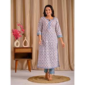 White Grey Butta <b>Block</b> <b>Printed</b> Cotton Kurta Pant Set Long Ethnic Traditional for Ladies Girls for Parties Special Occasions Net - Product Image 5