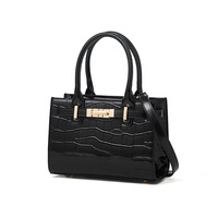 Sac à main noir pour femme, rectangulaire, double poignée supérieure, fermoir doré, bandoulière, gaufrage crocodile, pieds de protection