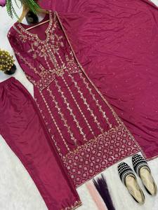 Traje Salwar Kameez de seda rosa con lentejuelas y bordados, diseño indio, para bodas, fiestas y festivales, vestidos árabes. - Product Image 3