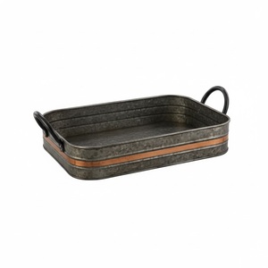 Set of 3 Copper Antique Galvanized Metal Oval Serving <b>Tray</b> With Wood Handle for Home and Hotel Drinks & <b>Snacks</b> Serving <b>Tray</b> - Product Image 3