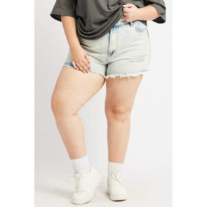 <b>High</b> <b>Waist</b> Breathable <b>Shorts</b> for Women Plus Size Distressed <b>Ripped</b> Hem Tack Button Slight Stretch Regular Fit <b>Short</b> <b>Denim</b> - Product Image 1