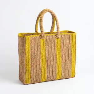 Sac fourre-tout bohème rayé en crochet, écologique, décontracté, unisexe, avec deux poignées, durable, ouverture supérieure, usage quotidien, beige, rouge, jaune - Product Image 3