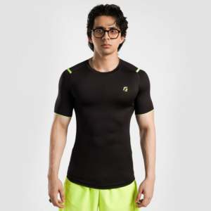 T-shirt de fitness GAI ARR 100 % polyester, coupe ajustée, noir uni, motifs à pois, manches courtes, 200 grammes, tricoté, respirant - Product Image 1