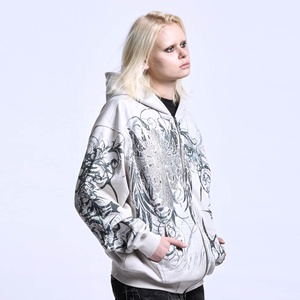 Strass Zip Up French Terry 100% Coton Broderie Vintage Heavyweight Zip Up Hoodie Pour Hommes Femmes - Product Image 4