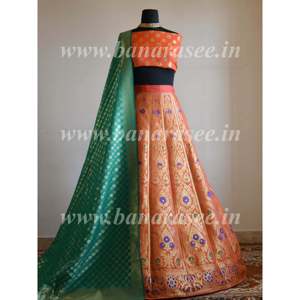 Banarasee tejido a mano arte seda sin costuras Lehenga y blusa tela con diseño Meena-Coral - Product Image 3