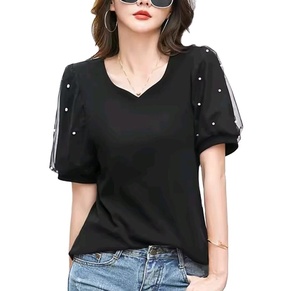 T-shirt en coton à manches bouffantes en maille perlée pour femmes, col en V, manches courtes, t-shirt de haute qualité, t-shirt décontracté tendance - Product Image 1