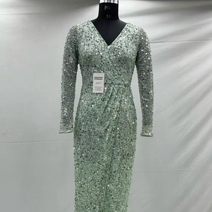 Pista Green Solid Pattern Maxi Vestido de cóctel con mangas bordadas Moda para bodas y fiestas - Product Image 1