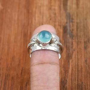 Aqua Chalcedony <b>Ring</b> 925 Sterling Silver Round Gemstone Hammered Statement Designer Gift <b>Ring</b> for Women - Product Image 3
