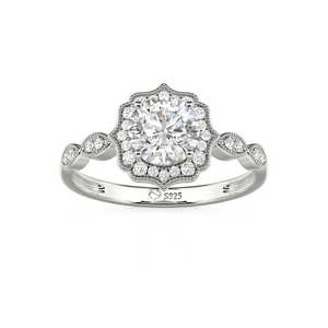 Jeulia Vintage Halo Round Cut Rhodium Plated Sterling <b>Silver</b> <b>Statement</b> <b>Ring</b> - Product Image 3