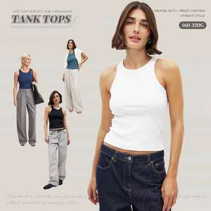 Camiseta sin mangas de punto de algodón personalizada al por mayor, camiseta sin mangas básica informal sin mangas con cuello redondo, camisetas sin mangas de punto acanalado blanco para mujer - Product Image 2