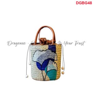 Handmade Natural Palm Leaf <b>Handbags</b> with Leather Straps and Two Layers with Drawstring for Women Beach Traveling and Daily Use - Product Image 4