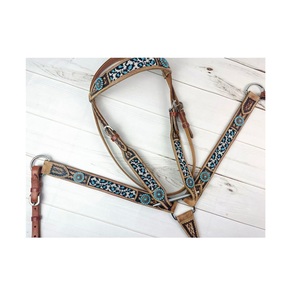 Vente chaude Beige Premium Qualité Cuir Cheval Headstall & Collier De Poitrine Tack Set avec Blue Conchos Designer Accessoires D'équitation - Product Image 1