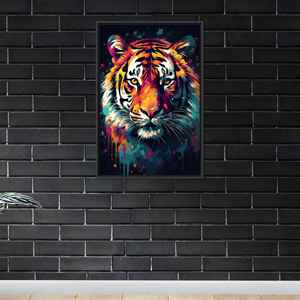Obra de arte en lienzo con estampado vibrante de tigre para decoración de pared moderna, con marco negro - Product Image 1