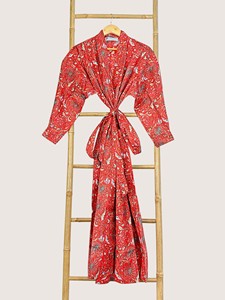 Bata Larga Estampada Floral para Mujer, Manga Larga, Cuello Vuelto, 100% Algodón Suave, Estilo Casual de Primavera, Cierre con Cordón - Product Image 2