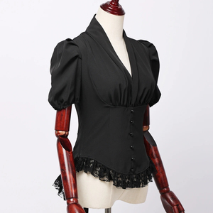 Chemisier en coton pour femmes à manches courtes col en V dentelle mousseline de soie Slim Corset chemise hauts - Product Image 2