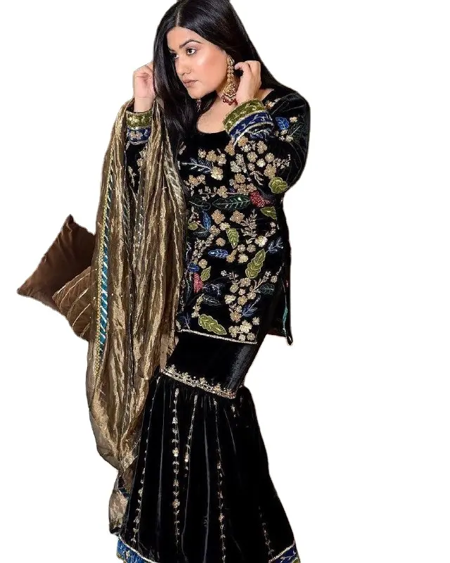 Wholesale Pakistani Black Colored Round Neck Designed Fashioned Kurti With Sharara Set For Girls