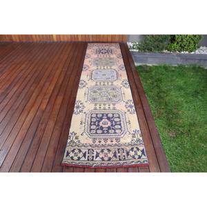 Alfombra Turca Vintage de Lana Azul, 2.5x10.8 pies (76x330 cm) - Product Image 1