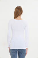 Camiseta de punto para mujer, blanca, de manga larga, cuello redondo, corte ajustado, transpirable, de viscosa y spandex, estilo minimalista, para todas las estaciones