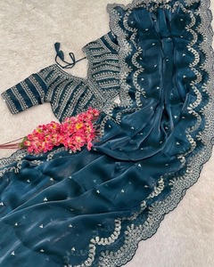 Fulpari Chất lượng cao sẵn sàng để mặc Ấn Độ <span class=keywords><strong>georgette</strong></span> <span class=keywords><strong>Sari</strong></span> với in đẹp và unstitched lụa áo cho đám cưới bên - Product Image 4