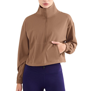 Vestes de sport épaisses à col montant pour femmes, vestes de yoga à manches longues avec poche avant et demi-fermeture éclair - Product Image 1