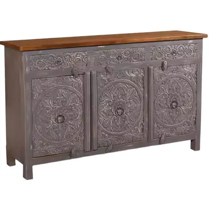 Armadietto della credenza Vintage in legno grigio antico intaglio a mano 3 porte 3 cassetti arredamento indiano per la produzione di rinfuse